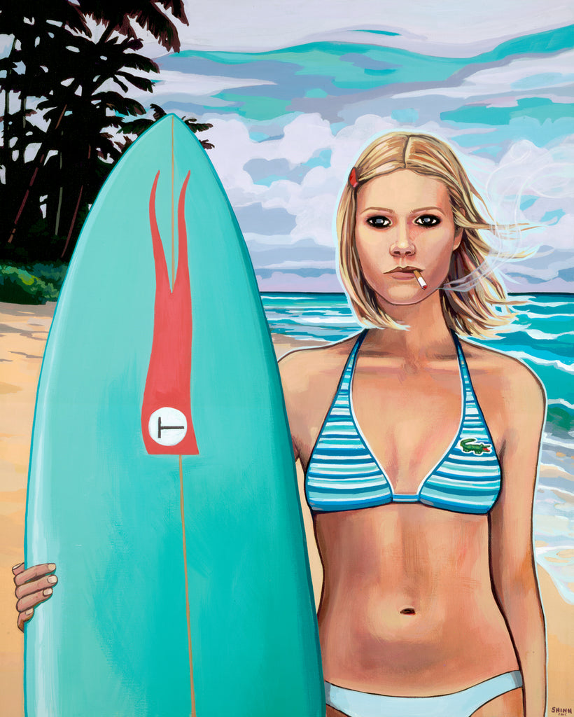 Wes Anderson's Royal Tenenbaums, Margot character holding a surfboard with her family flag on it, smoking a cigarette, her bikini is lacoste.  She is standing on a beach in Hawaii.  Painting by Christie Shinn, Shinn Studio Hawaii.