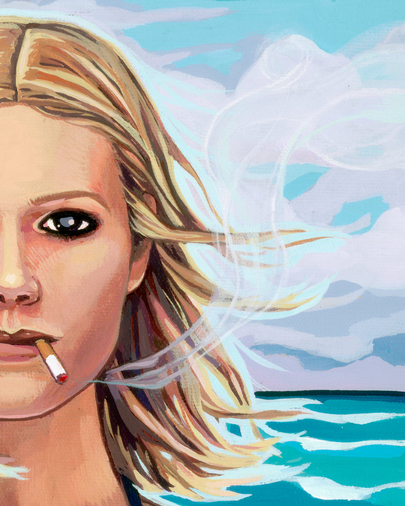 Close up, Wes Anderson's Royal Tenenbaums, Margot character holding a surfboard with her family flag on it, smoking a cigarette, her bikini is lacoste.  She is standing on a beach in Hawaii.  Painting by Christie Shinn, Shinn Studio Hawaii.