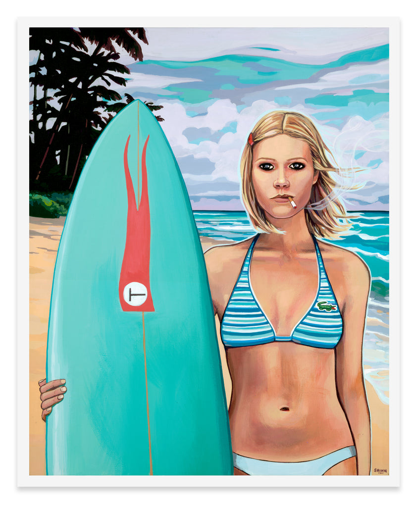 Wes Anderson's Royal Tenenbaums, Margot character holding a surfboard with her family flag on it, smoking a cigarette, her bikini is lacoste.  She is standing on a beach in Hawaii.  Painting by Christie Shinn, Shinn Studio Hawaii.