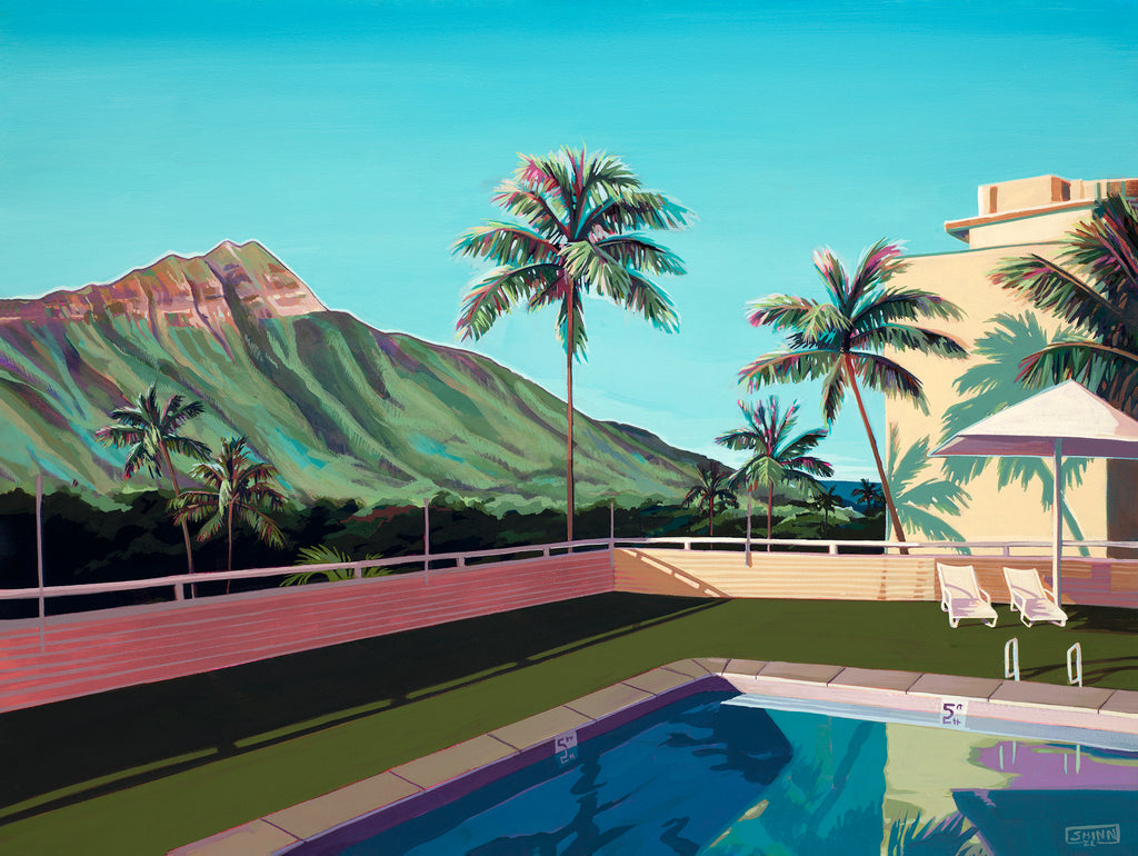 Painting of the Poolside of Deck Waikiki in the Queen Kapiolani Hotel.  Palm trees create shadows on the adjacent building. Diamond Head can be seen in the distance.  The focal point is the reflections in the water.  