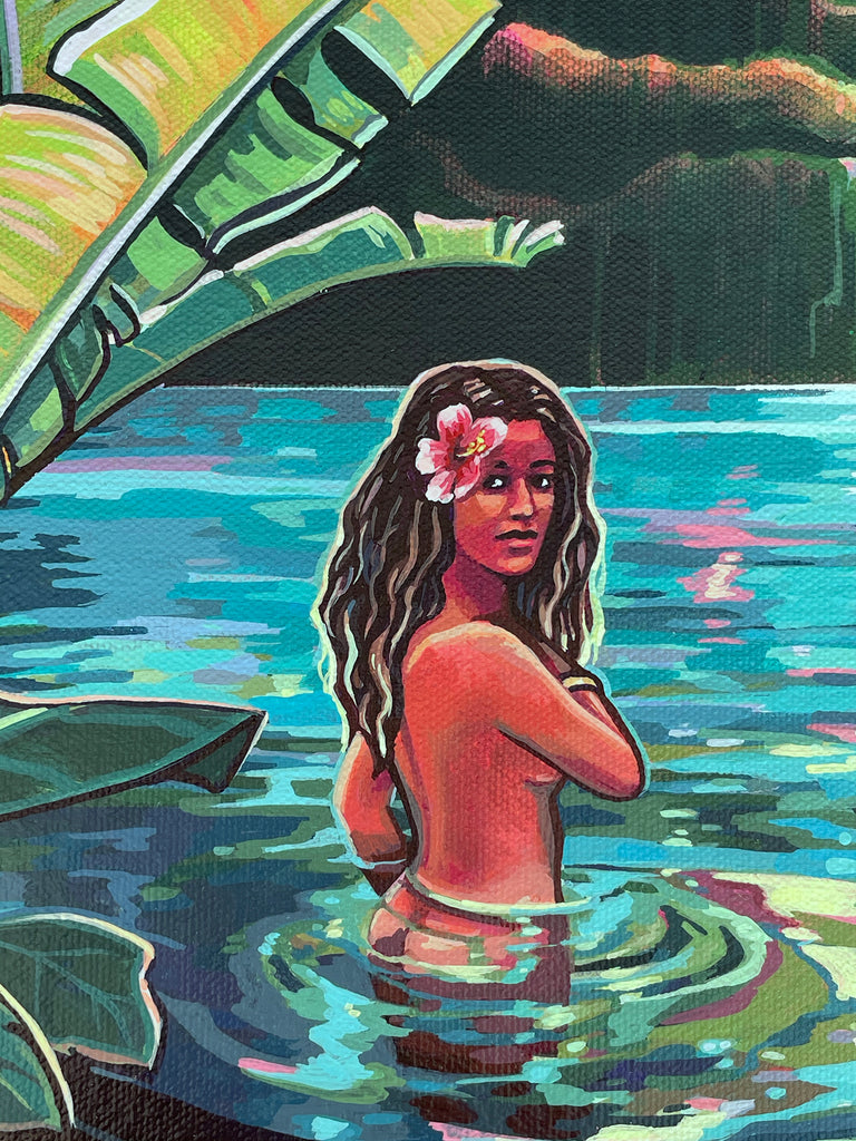Close up of woman in the waterfall by Christie Shinn, local Hawaii artist. 