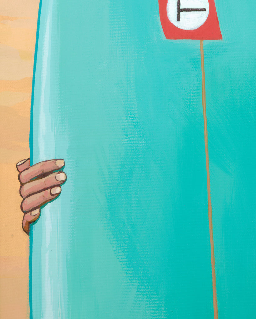 Close up, Wes Anderson's Royal Tenenbaums, Margot character holding a surfboard with her family flag on it, smoking a cigarette, her bikini is lacoste.  She is standing on a beach in Hawaii.  Painting by Christie Shinn, Shinn Studio Hawaii.