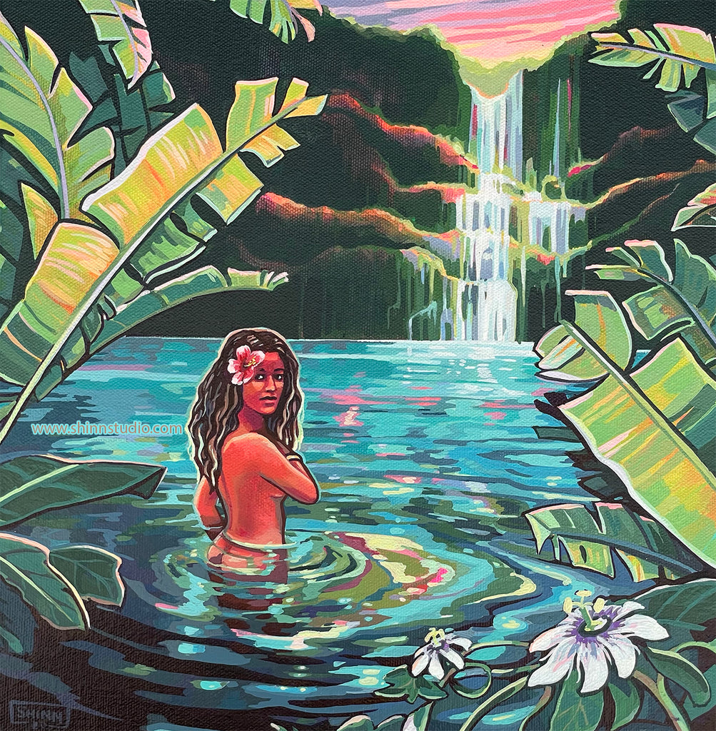 Wailua Waterfall by Christie Shinn, local Hawaii artist.  A woman looks to the viewer from the pool under a waterfall